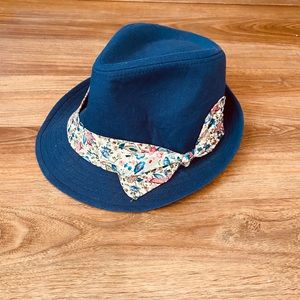 Blue Fedora with floral printed ribbon